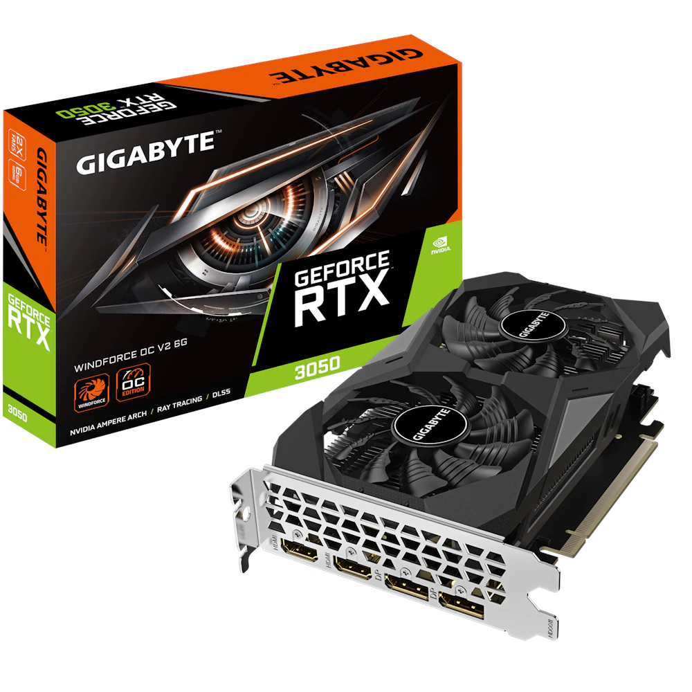 A large main feature product image of Gigabyte GeForce RTX 3050 Windforce OC V2 6GB GDDR6