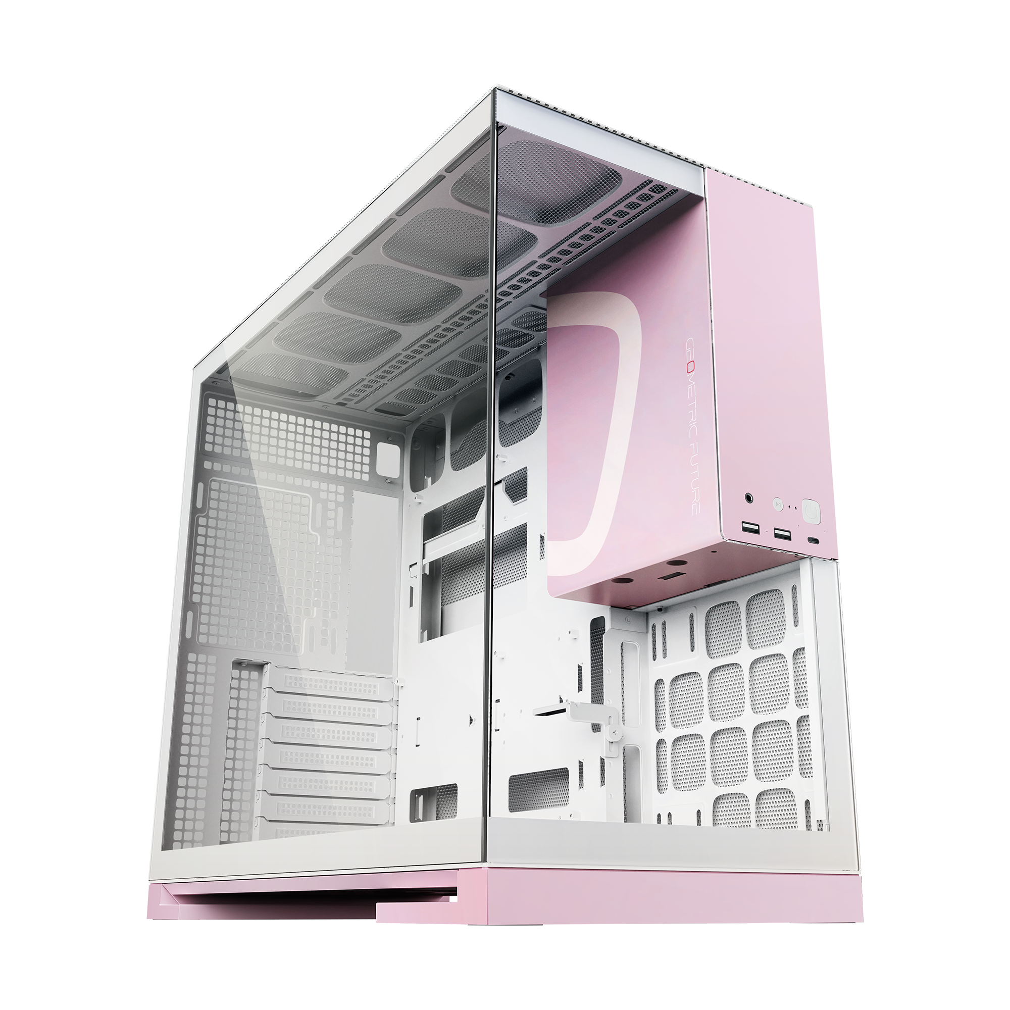 A large main feature product image of Geometric Future Model 5 - Mid Tower Glass Case (White/Pink)