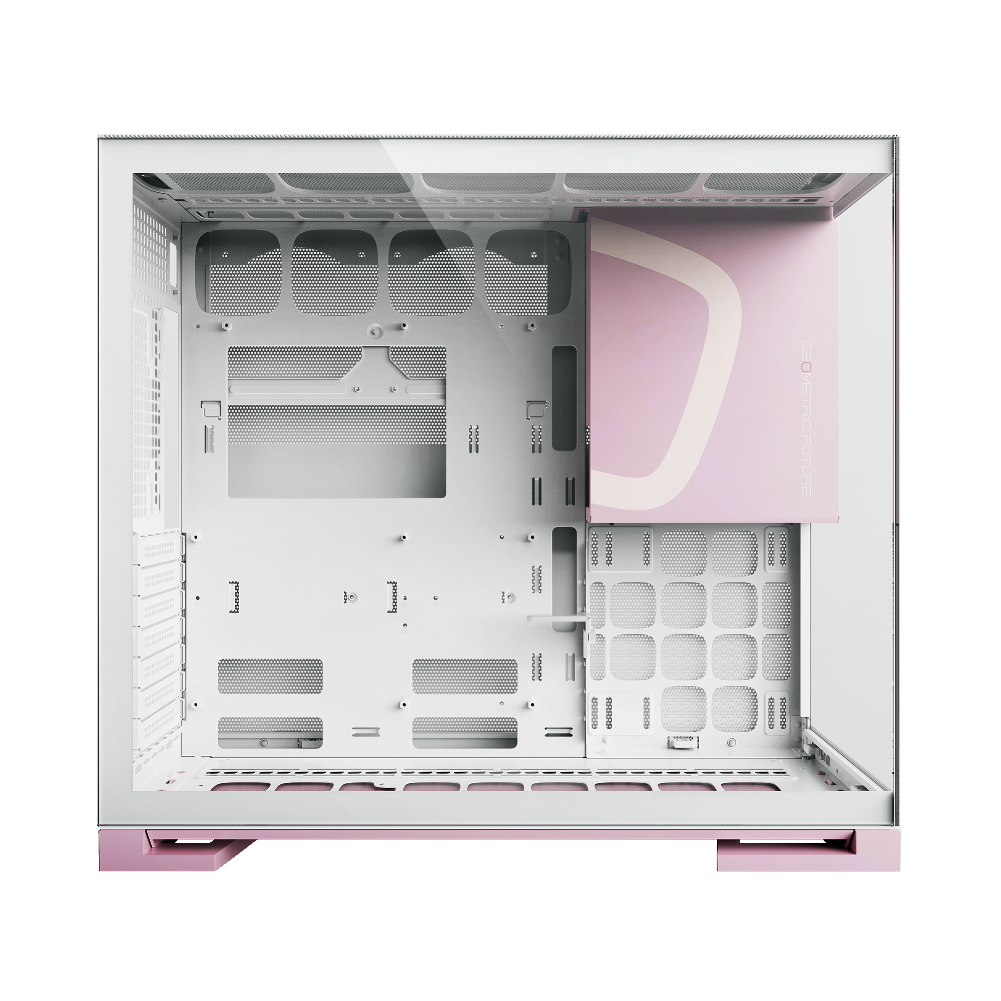 A large main feature product image of Geometric Future Model 5 - Mid Tower Glass Case (White/Pink)