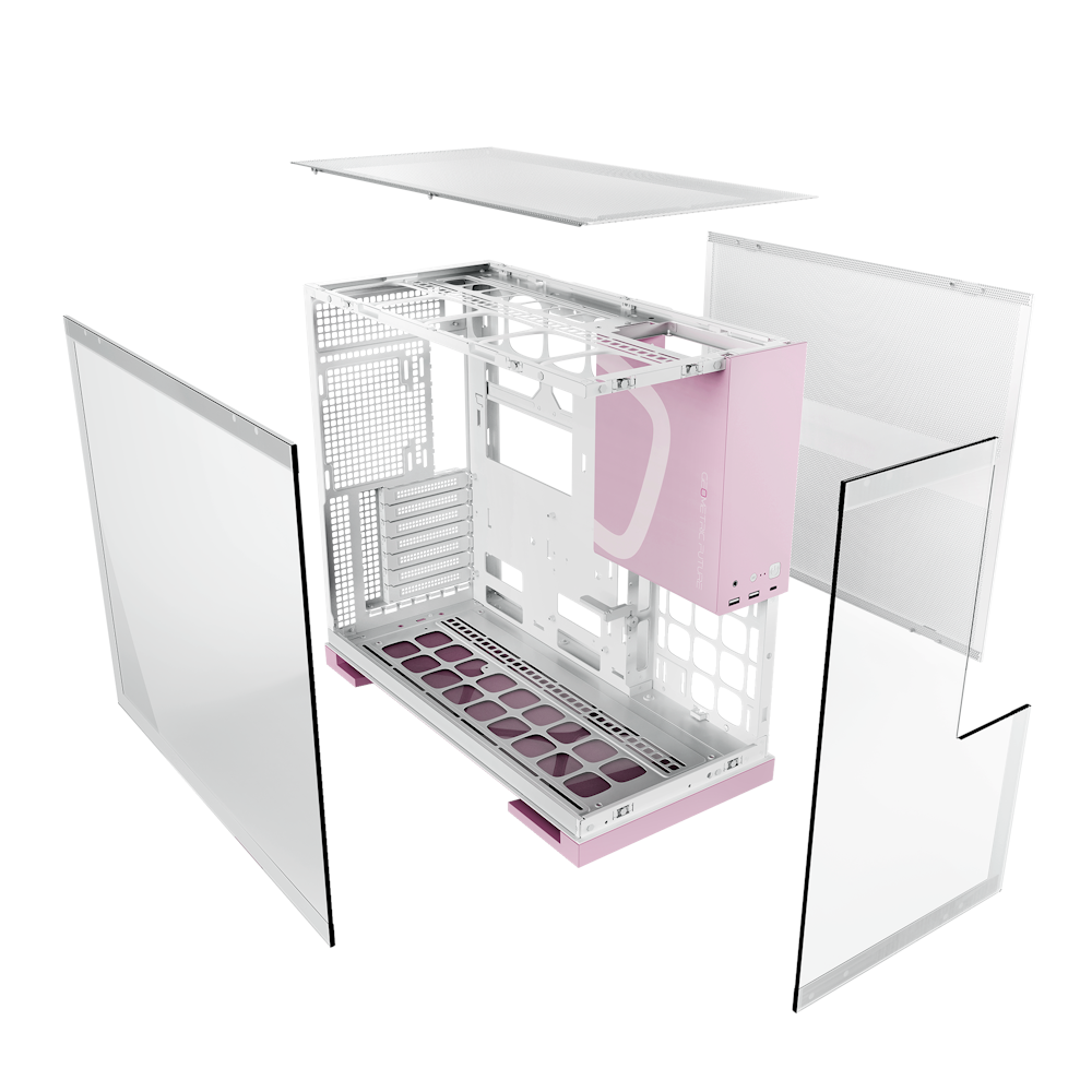 A large main feature product image of Geometric Future Model 5 - Mid Tower Glass Case (White/Pink)