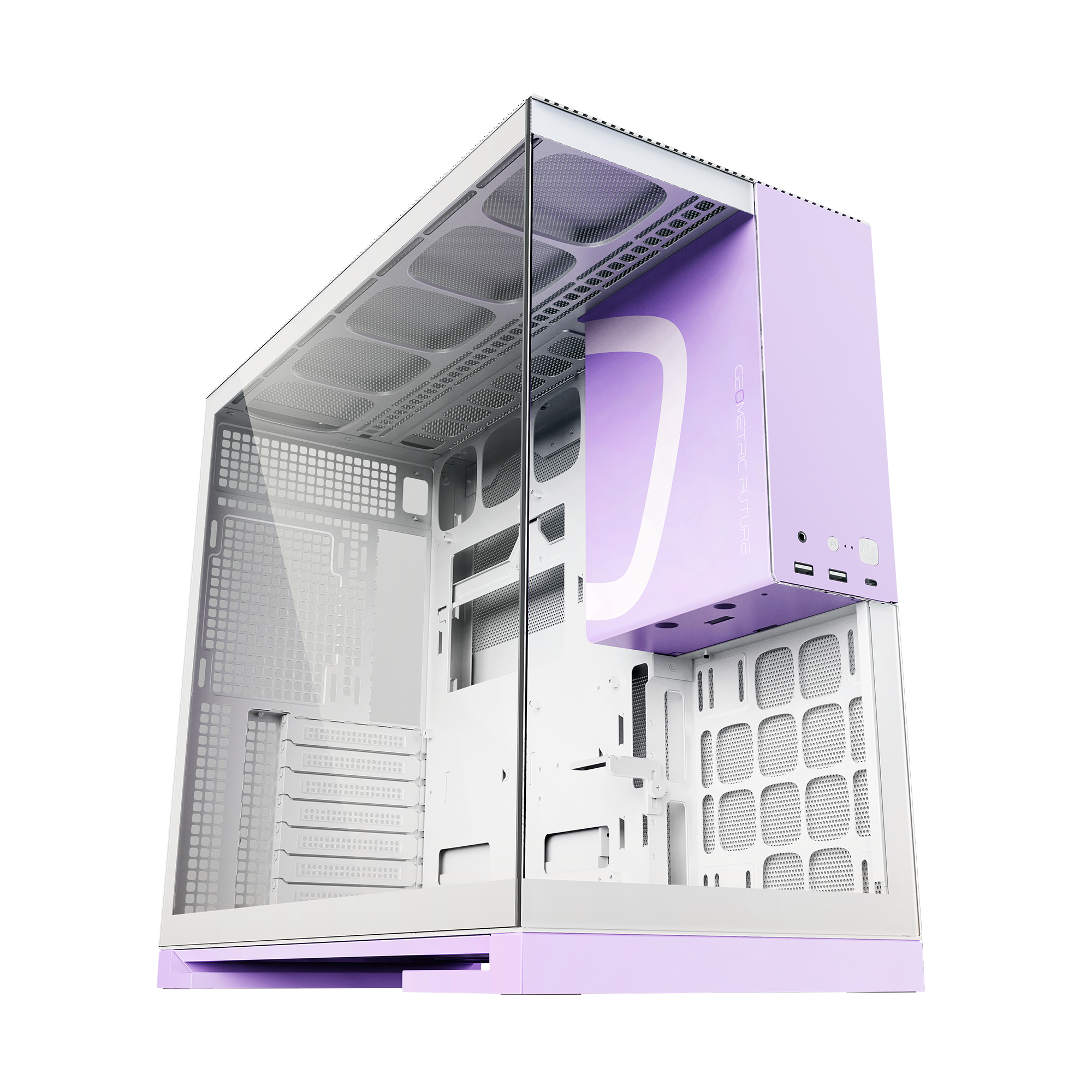A large main feature product image of Geometric Future Model 5 - Mid Tower Glass Case (White/Purple)