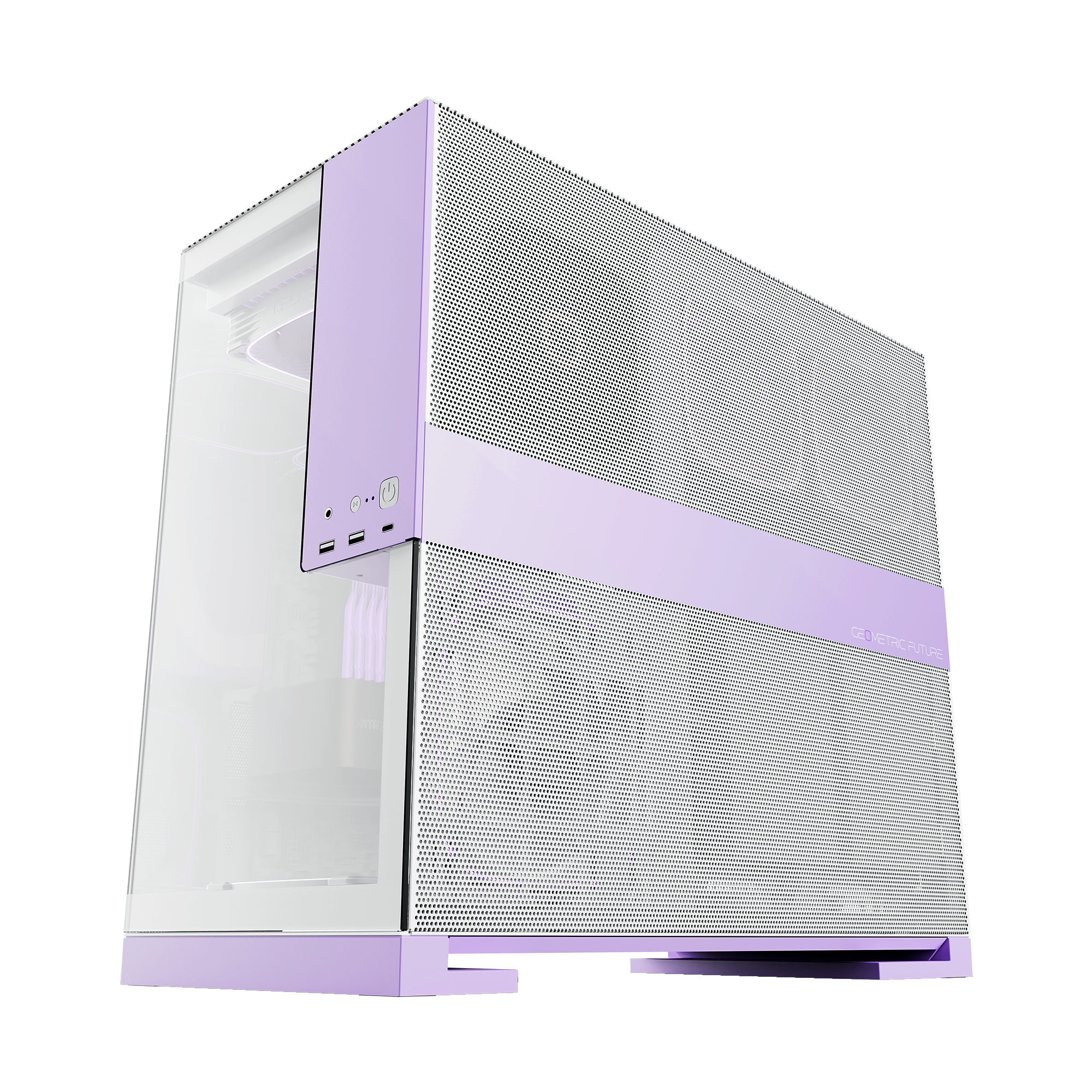 A large main feature product image of Geometric Future Model 5 - Mid Tower Glass Case (White/Purple)