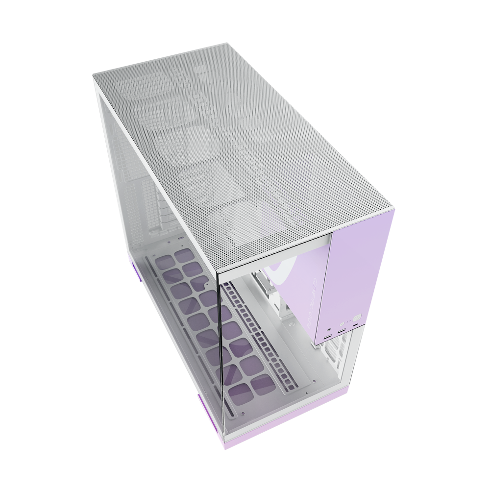 A large main feature product image of Geometric Future Model 5 - Mid Tower Glass Case (White/Purple)