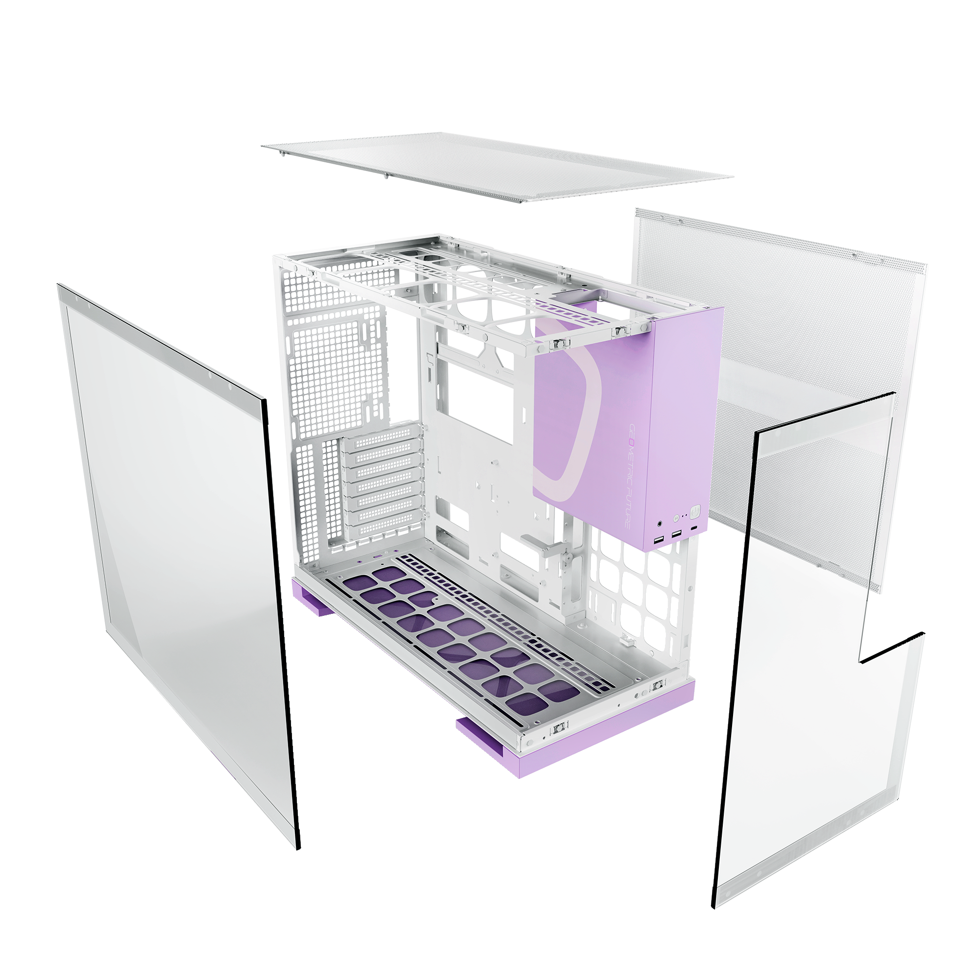 A large main feature product image of Geometric Future Model 5 - Mid Tower Glass Case (White/Purple)