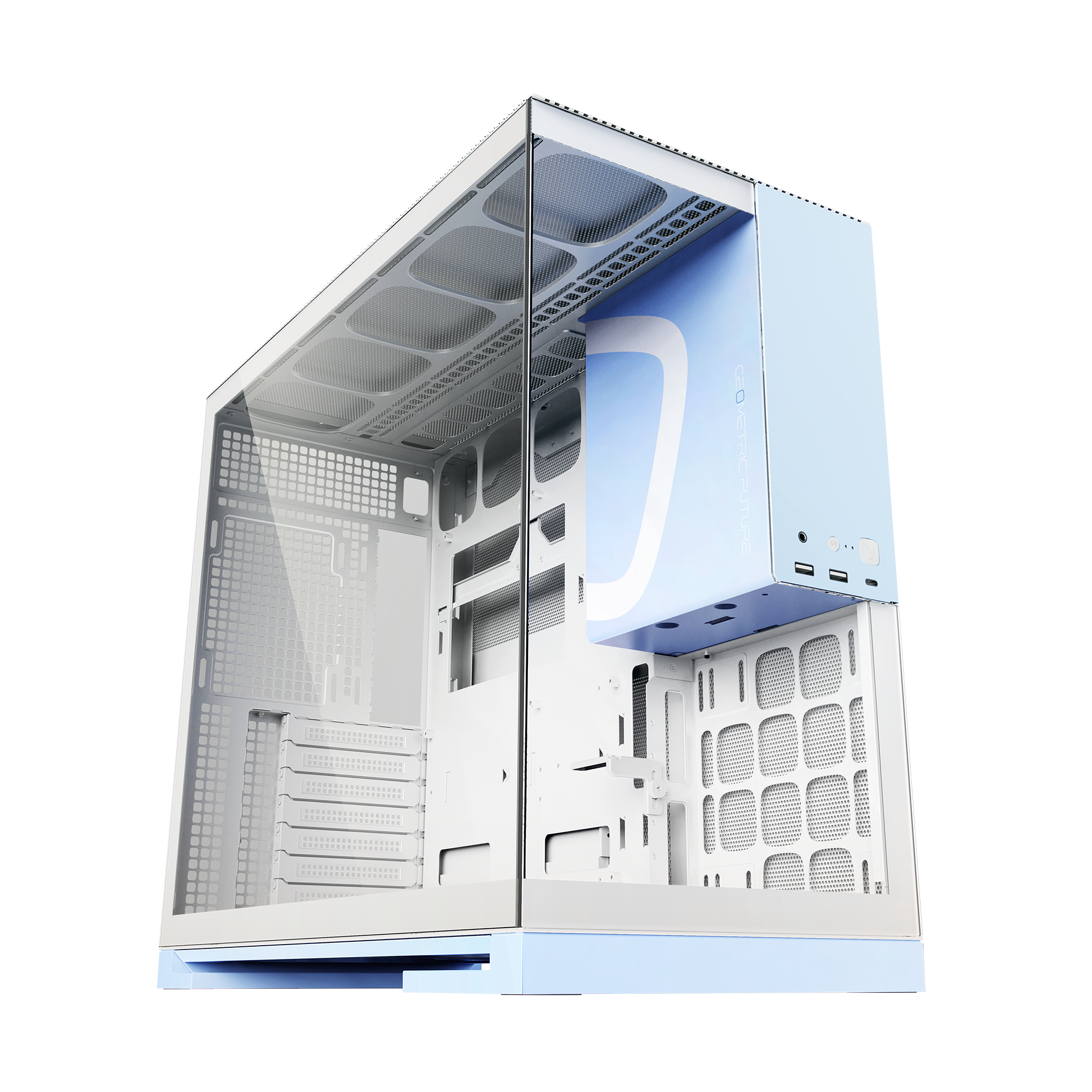 A large main feature product image of Geometric Future Model 5 - Mid Tower Glass Case (White/Blue)