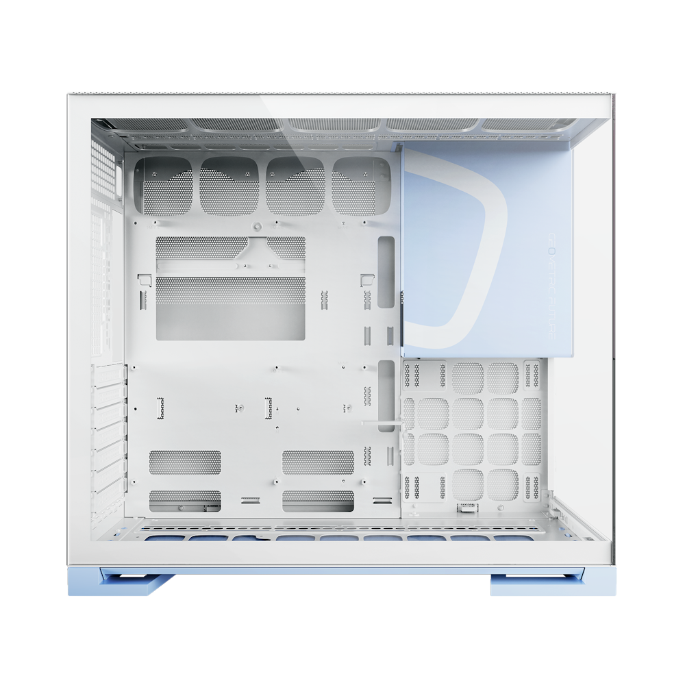 A large main feature product image of Geometric Future Model 5 - Mid Tower Glass Case (White/Blue)