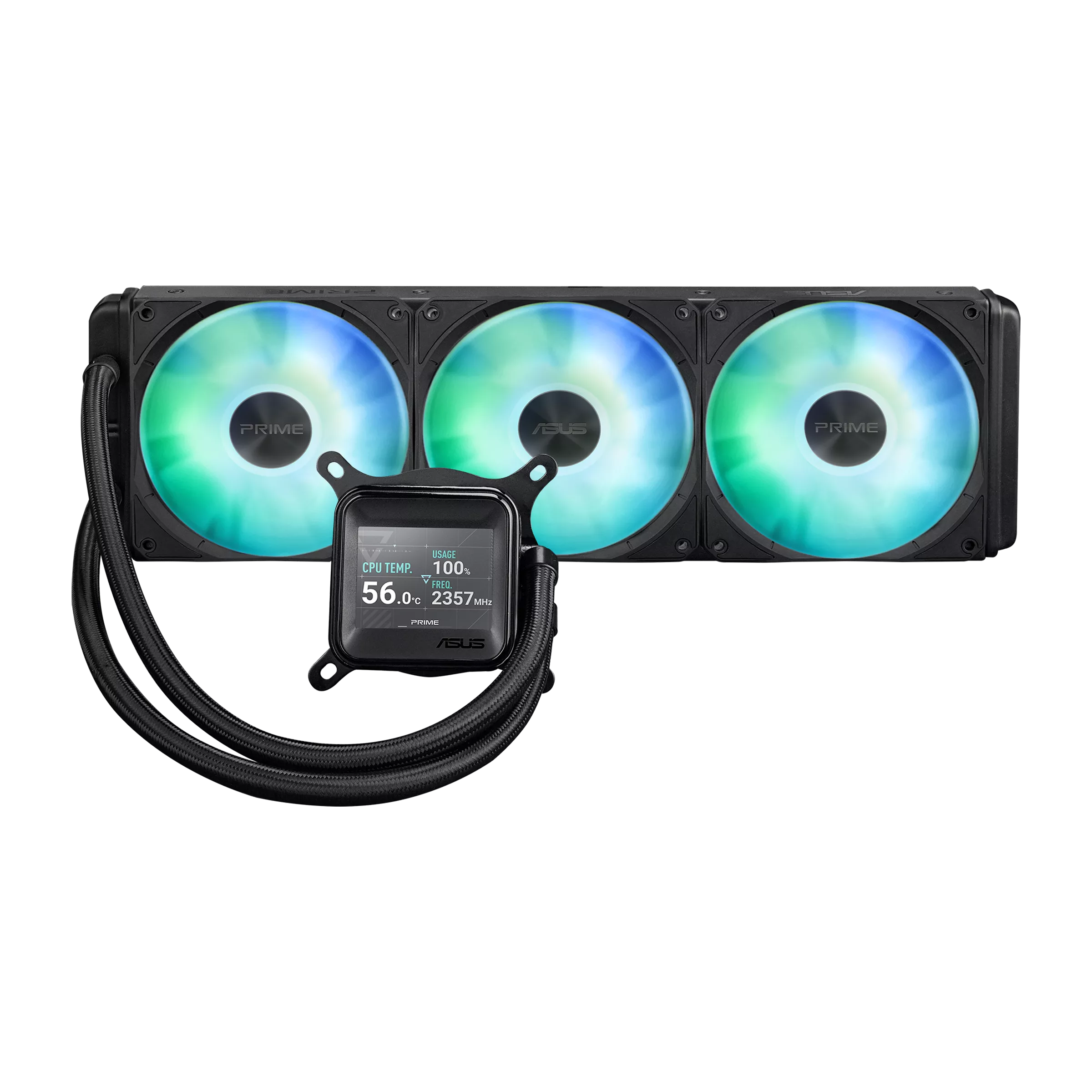 A large main feature product image of ASUS PRIME LC 360 LCD ARGB 360mm AIO Liquid CPU Cooler