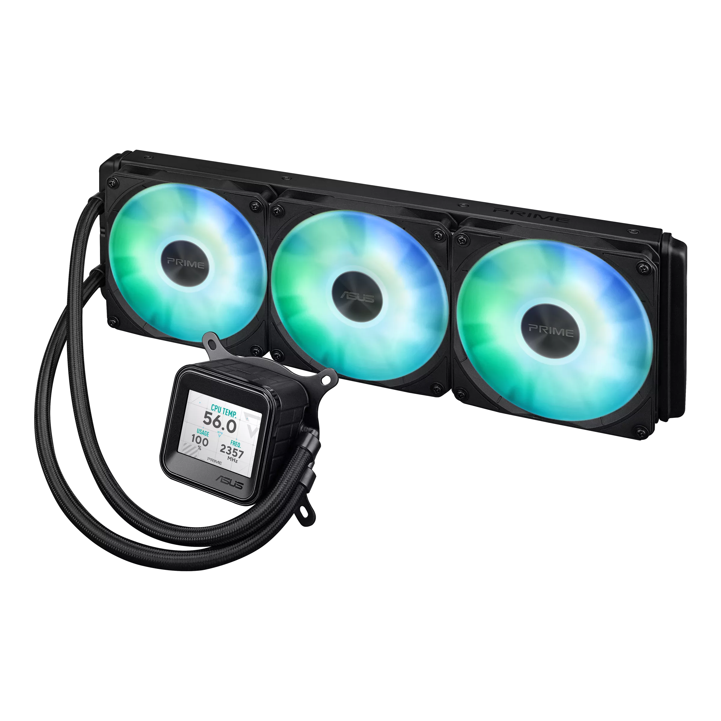 A large main feature product image of ASUS PRIME LC 360 LCD ARGB 360mm AIO Liquid CPU Cooler