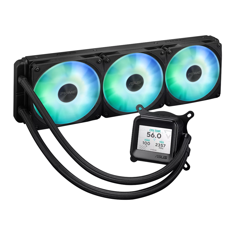 A large main feature product image of ASUS PRIME LC 360 LCD ARGB 360mm AIO Liquid CPU Cooler