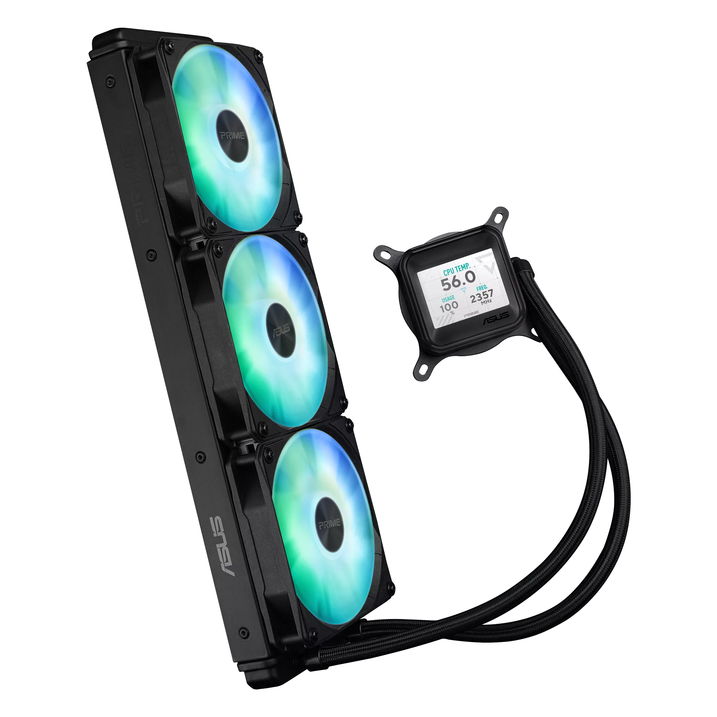 A large main feature product image of ASUS PRIME LC 360 LCD ARGB 360mm AIO Liquid CPU Cooler