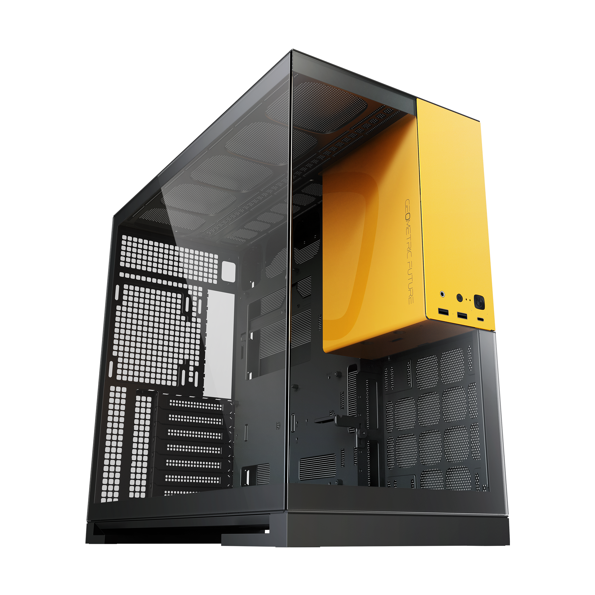 A large main feature product image of Geometric Future Model 5 - Mid Tower Glass Case (Black/Yellow)