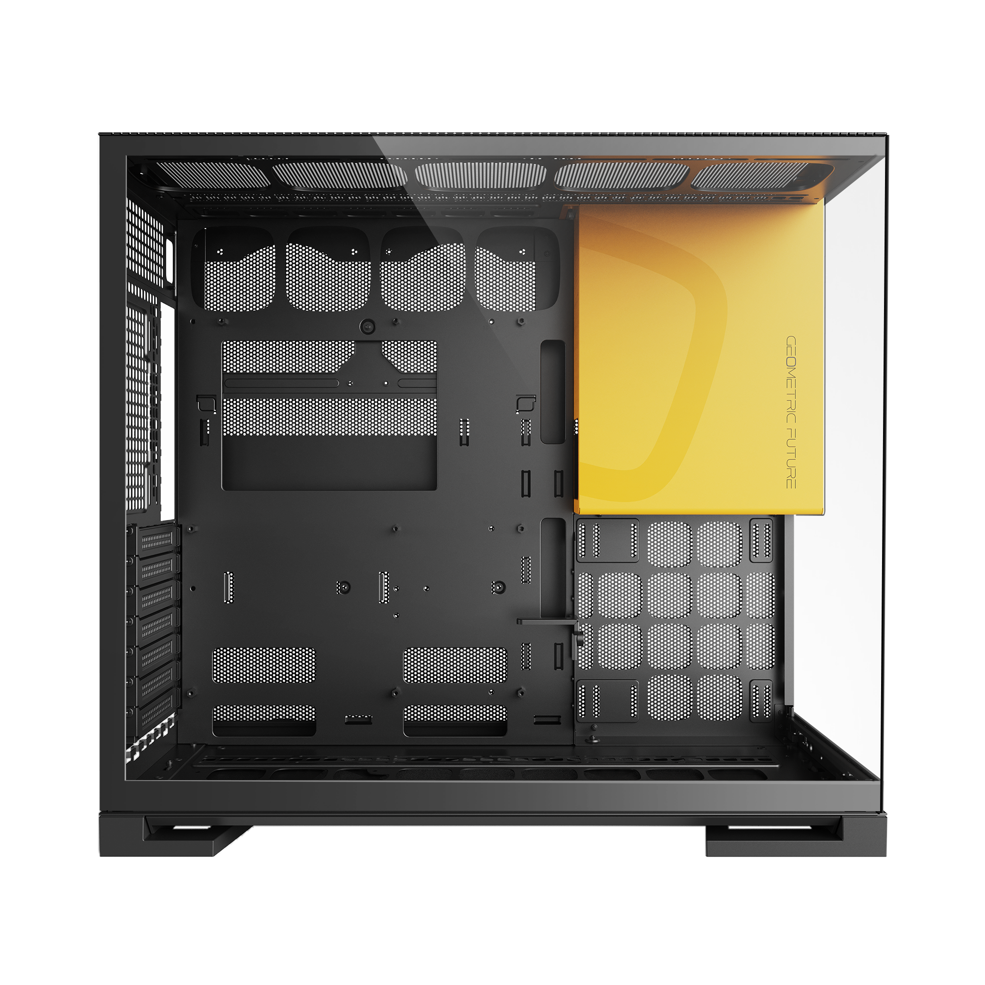 A large main feature product image of Geometric Future Model 5 - Mid Tower Glass Case (Black/Yellow)