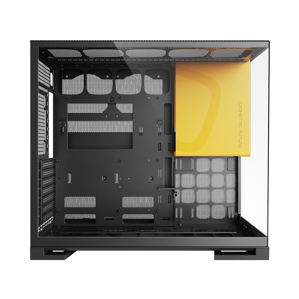 A large main feature product image of Geometric Future Model 5 - Mid Tower Glass Case (Black/Yellow)
