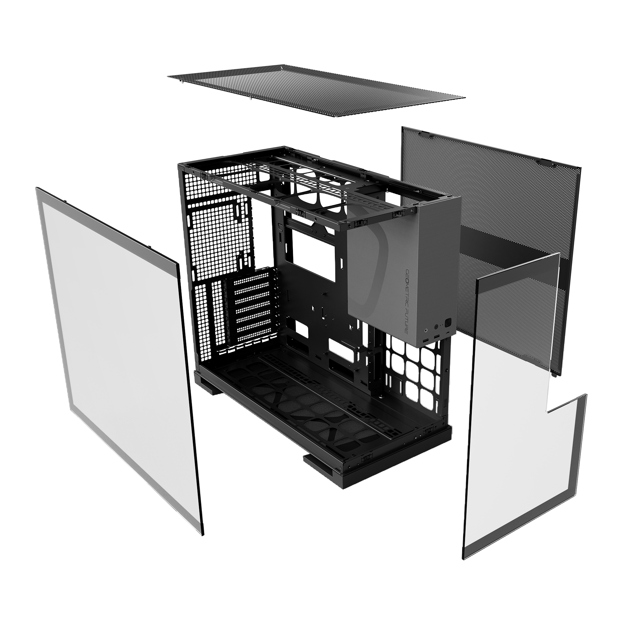 A large main feature product image of Geometric Future Model 5 - Mid Tower Glass Case (Black/Grey)