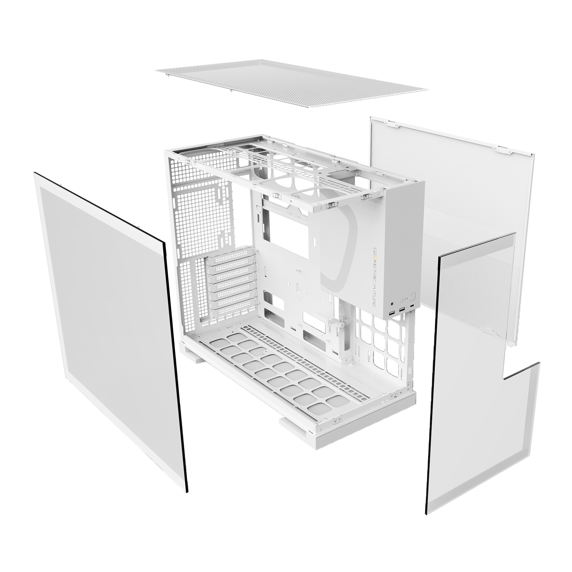 A large main feature product image of Geometric Future Model 5 - Mid Tower Glass Case (White)