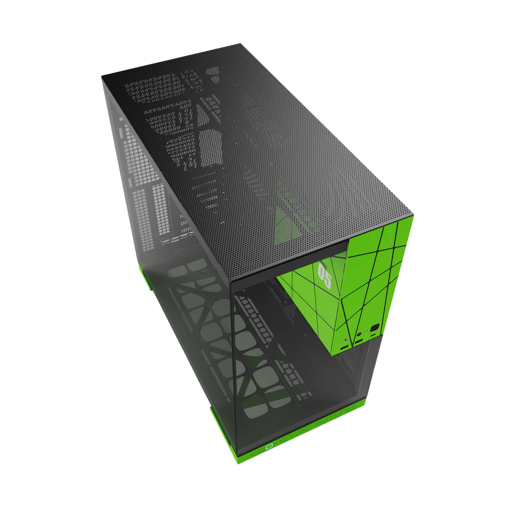 A large main feature product image of Geometric Future Model 5 Fanless - Mid Tower Glass Case (Black/Green)