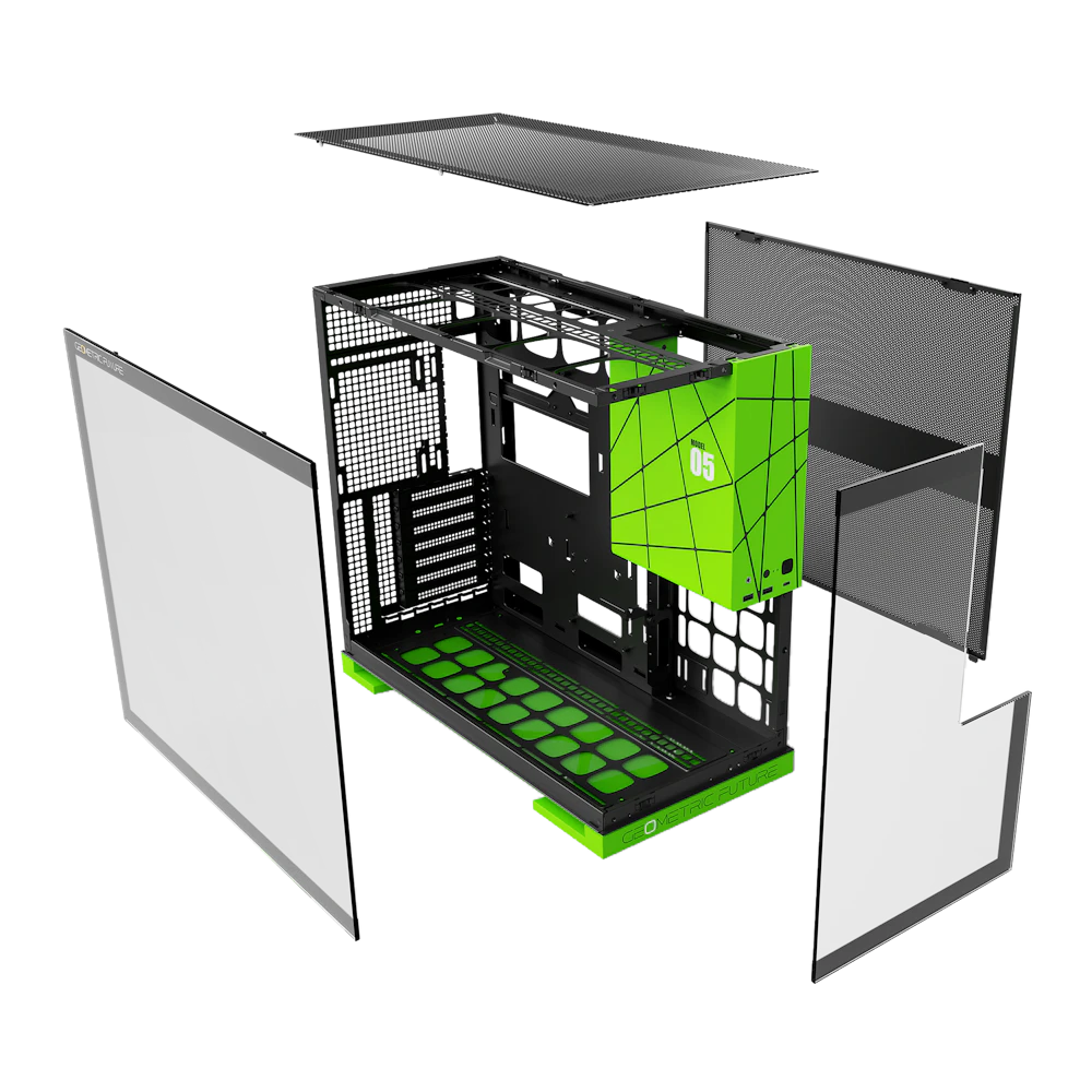 A large main feature product image of Geometric Future Model 5 Fanless - Mid Tower Glass Case (Black/Green)