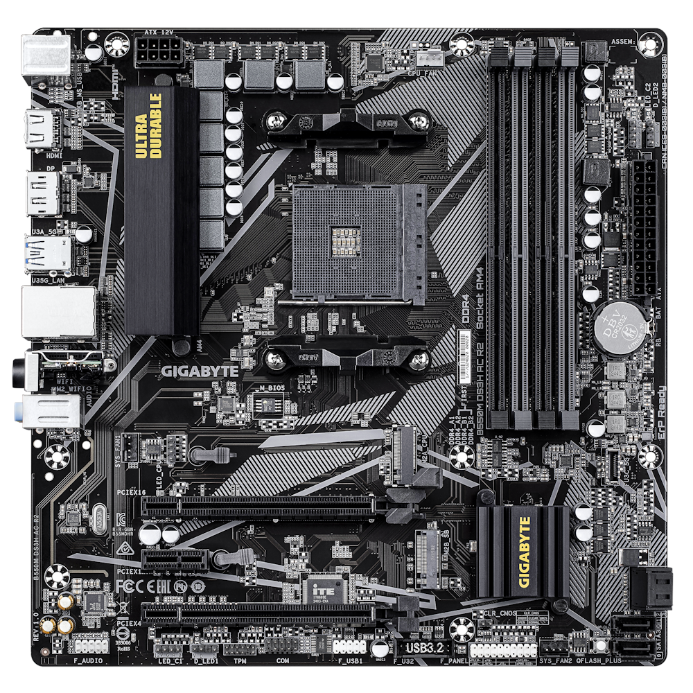 A large main feature product image of Gigabyte B550M DS3H AC R2 AM4 mATX Desktop Motherboard
