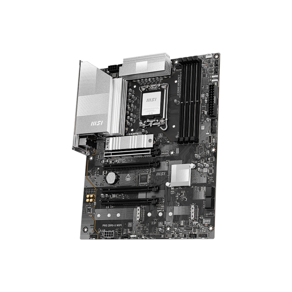 A large main feature product image of MSI PRO Z890-S WiFi LGA1851 ATX Desktop Motherboard