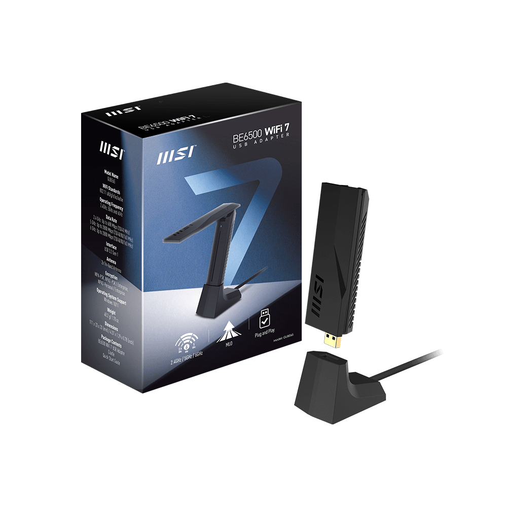 A large main feature product image of MSI GUBE65 BE6500 Wi-Fi 7 USB Adapter