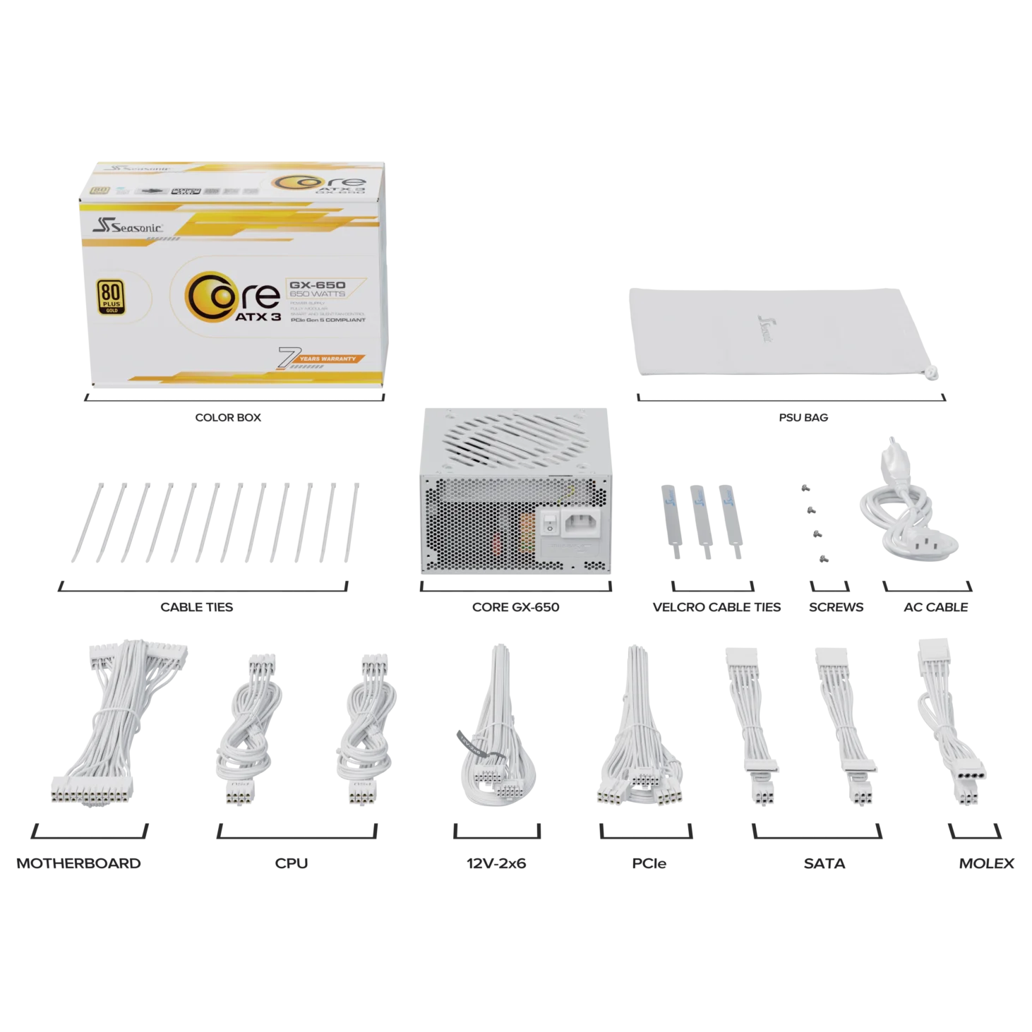 A large main feature product image of Seasonic CORE GX 650W Gold PCIe 5.1 ATX 3.1 Modular PSU (White)