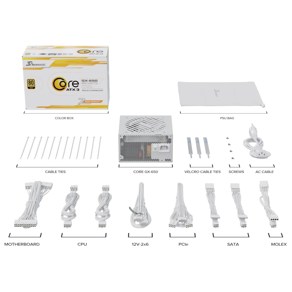 A large main feature product image of Seasonic CORE GX 650W Gold PCIe 5.1 ATX 3.1 Modular PSU (White)