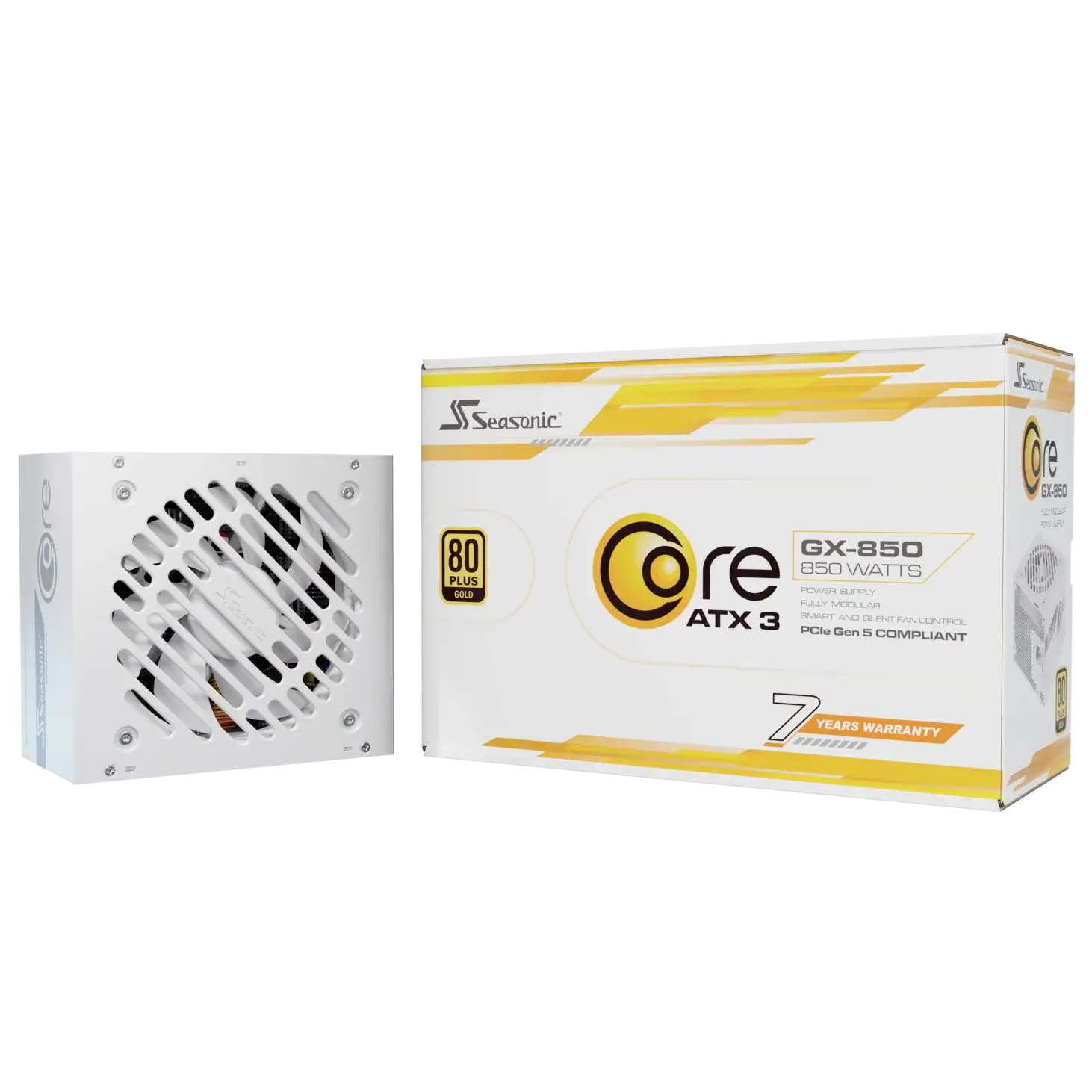 A large main feature product image of Seasonic CORE GX 850W Gold PCIe 5.1 ATX 3.1 Modular PSU (White)