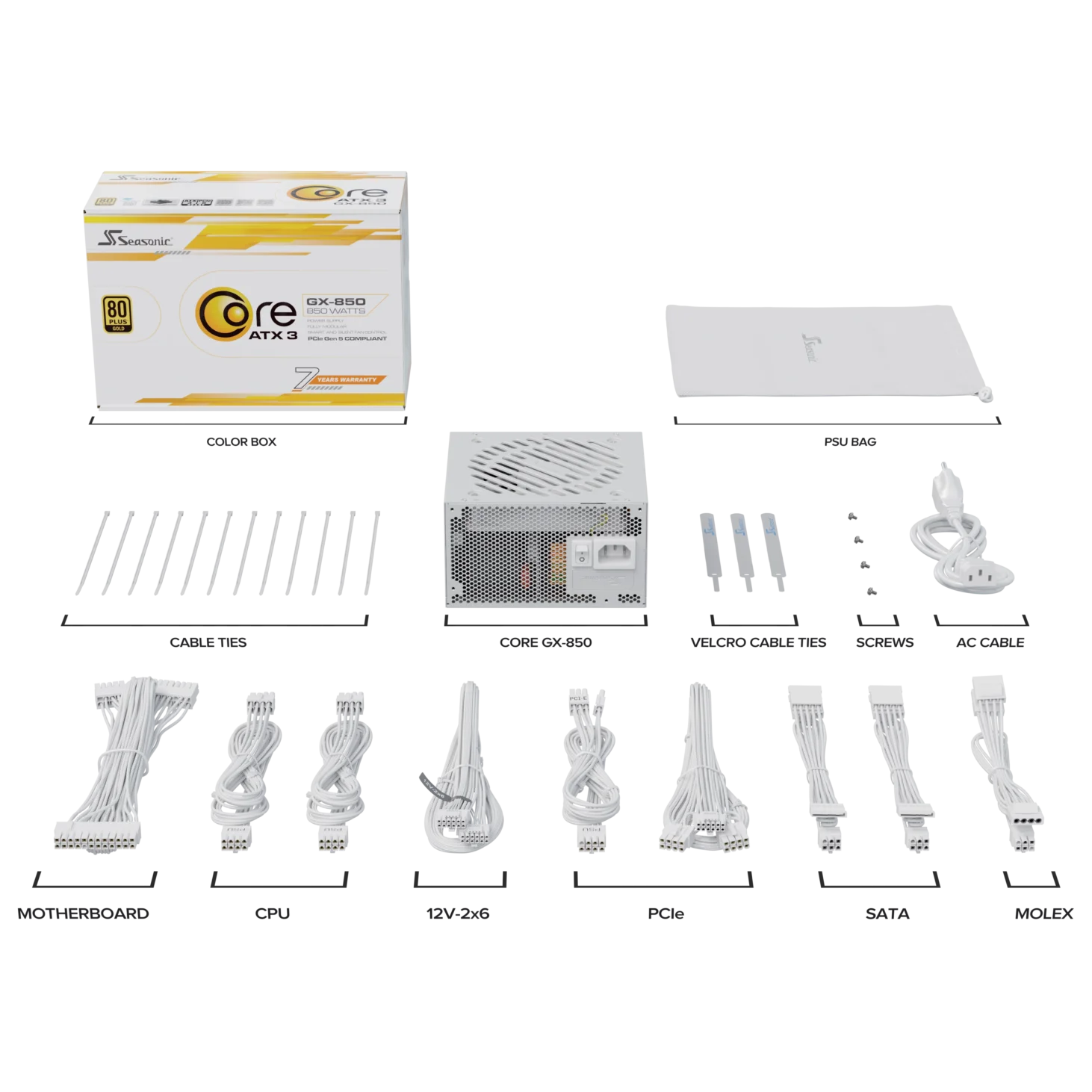 A large main feature product image of Seasonic CORE GX 850W Gold PCIe 5.1 ATX 3.1 Modular PSU (White)