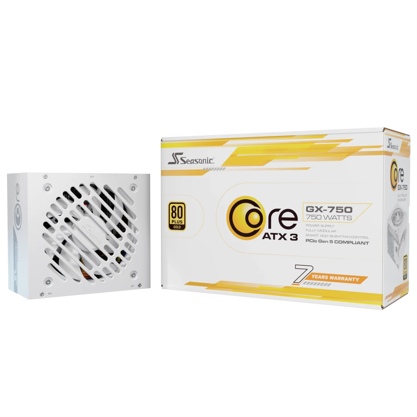 A large main feature product image of Seasonic CORE GX 750W Gold PCIe 5.1 ATX 3.1 Modular PSU (White)