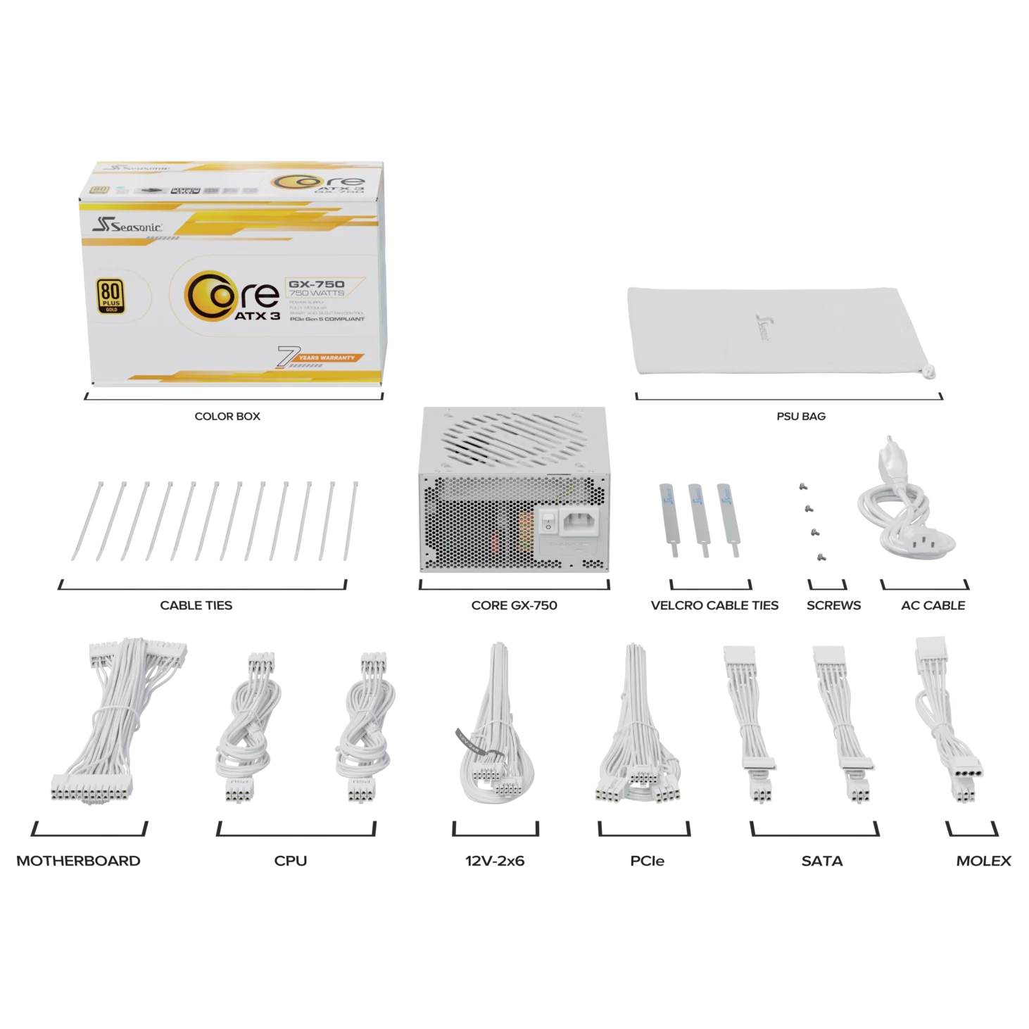A large main feature product image of Seasonic CORE GX 750W Gold PCIe 5.1 ATX 3.1 Modular PSU (White)