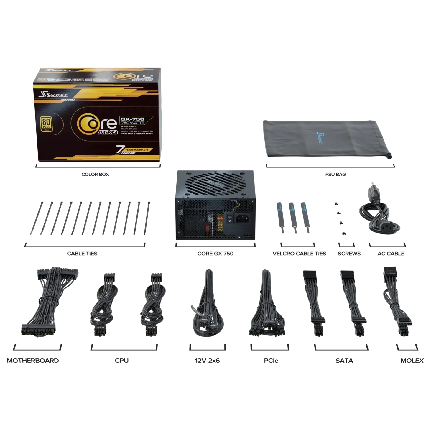 A large main feature product image of Seasonic CORE GX 750W Gold PCIe 5.1 ATX 3.1 Modular PSU