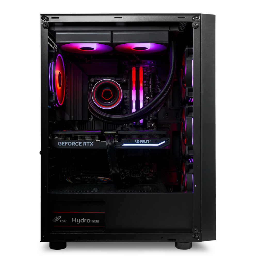 A large main feature product image of PLE Synergy RTX 4070 Prebuilt Ready To Go Gaming PC
