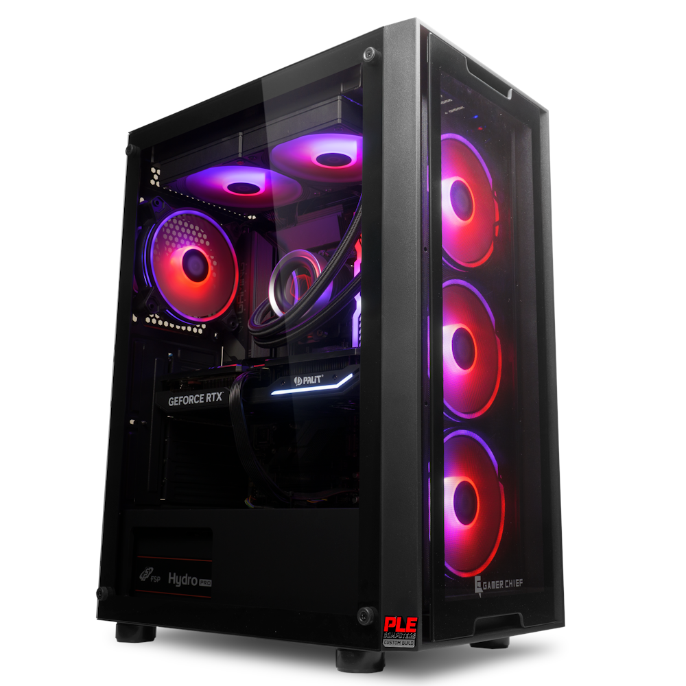 A large main feature product image of PLE Synergy RTX 4070 Prebuilt Ready To Go Gaming PC