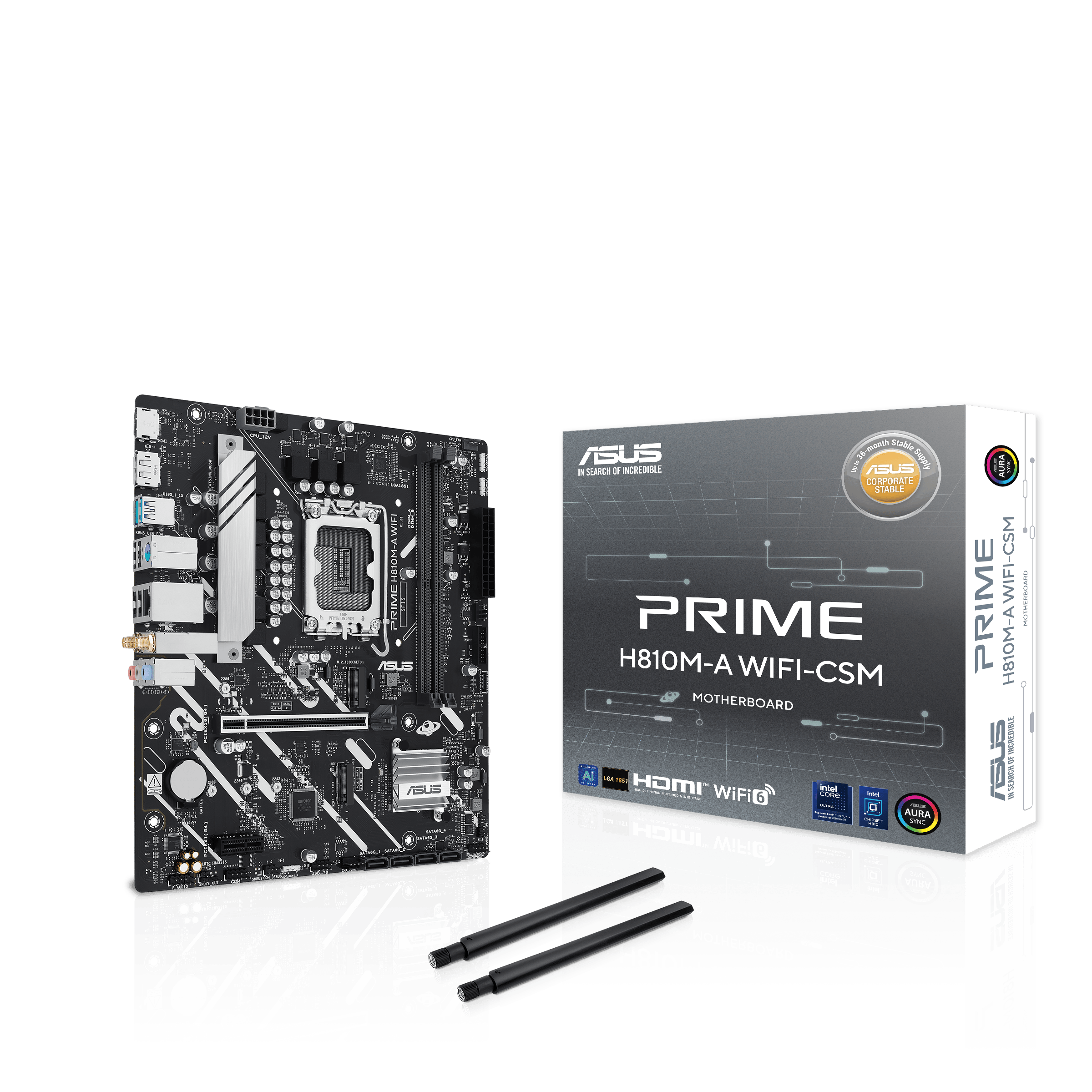 A large main feature product image of ASUS Prime H810M-A WiFi-CSM LGA1851 mATX Desktop Motherboard