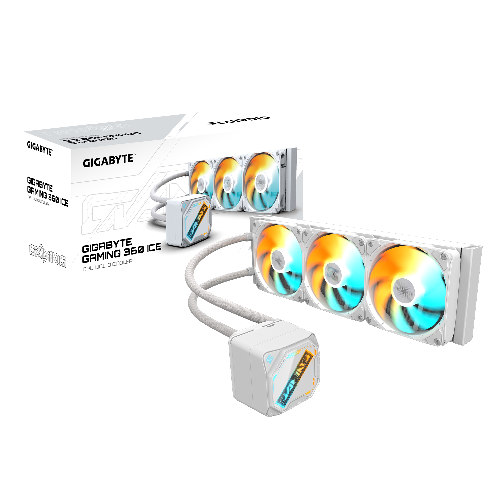 A large main feature product image of Gigabyte Gaming 360 360mm AIO Liquid CPU Cooler - White
