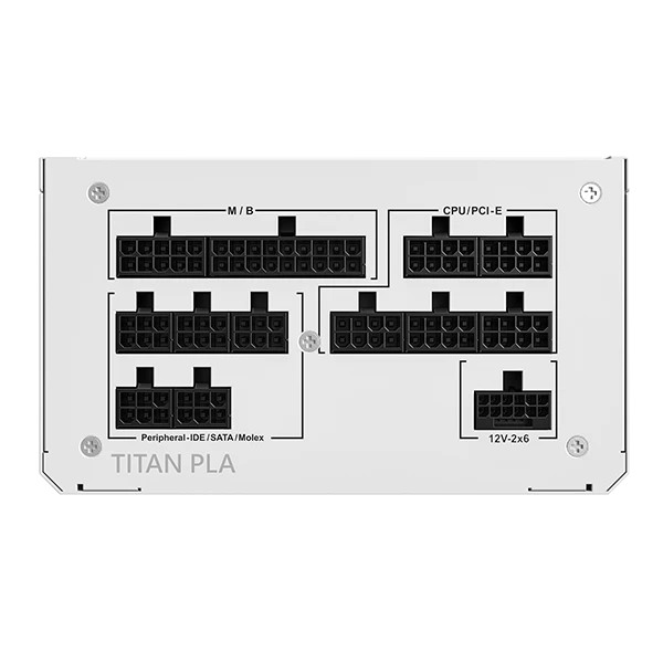 A large main feature product image of Montech TITAN PLA 1000W Platinum ATX 3.1 PCIe 5.1 Modular PSU (White)