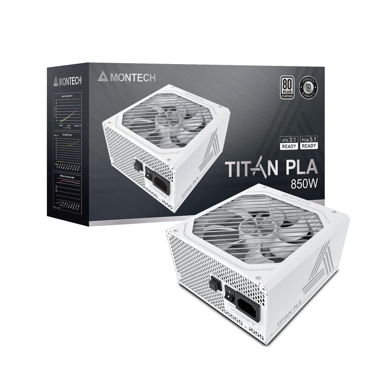 A large main feature product image of Montech TITAN PLA 850W Platinum ATX 3.1 PCIe 5.1 Modular PSU (White)