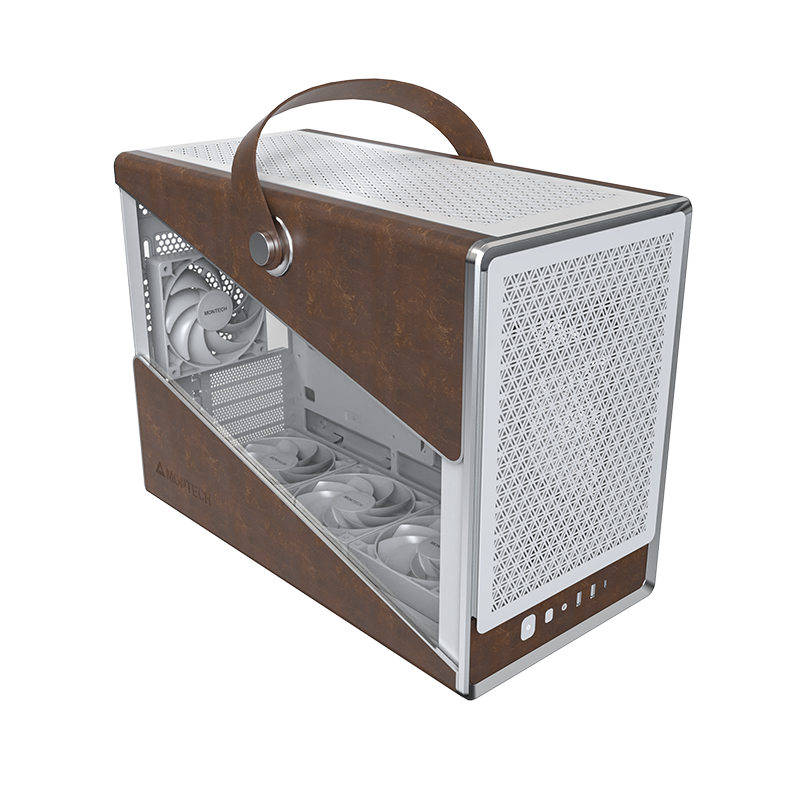 A large main feature product image of Montech Heritage PRO 41L Compact Micro Tower Case (White/Leather)