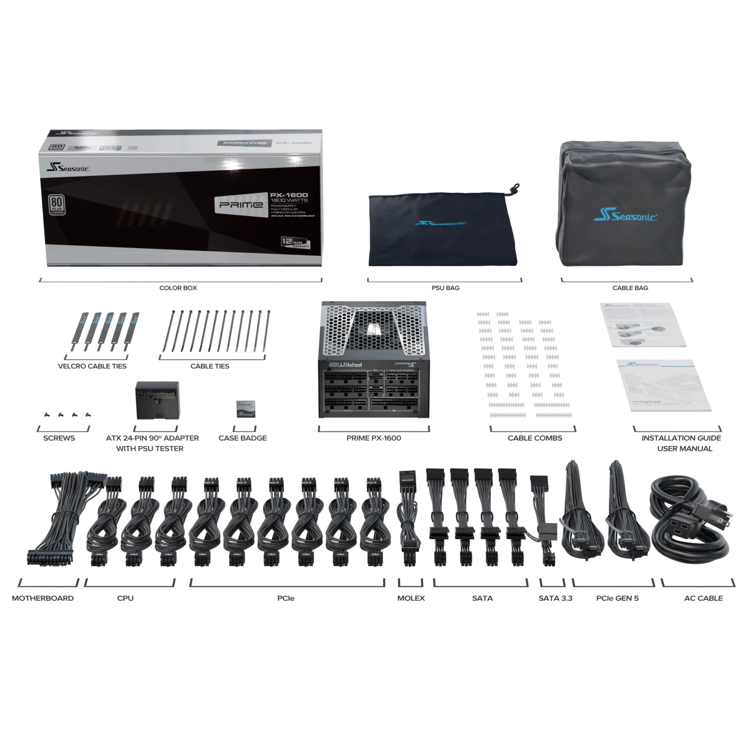 A large main feature product image of Seasonic PRIME PX 1600W Platinum PCIe 5.0 ATX 3.0 Modular PSU