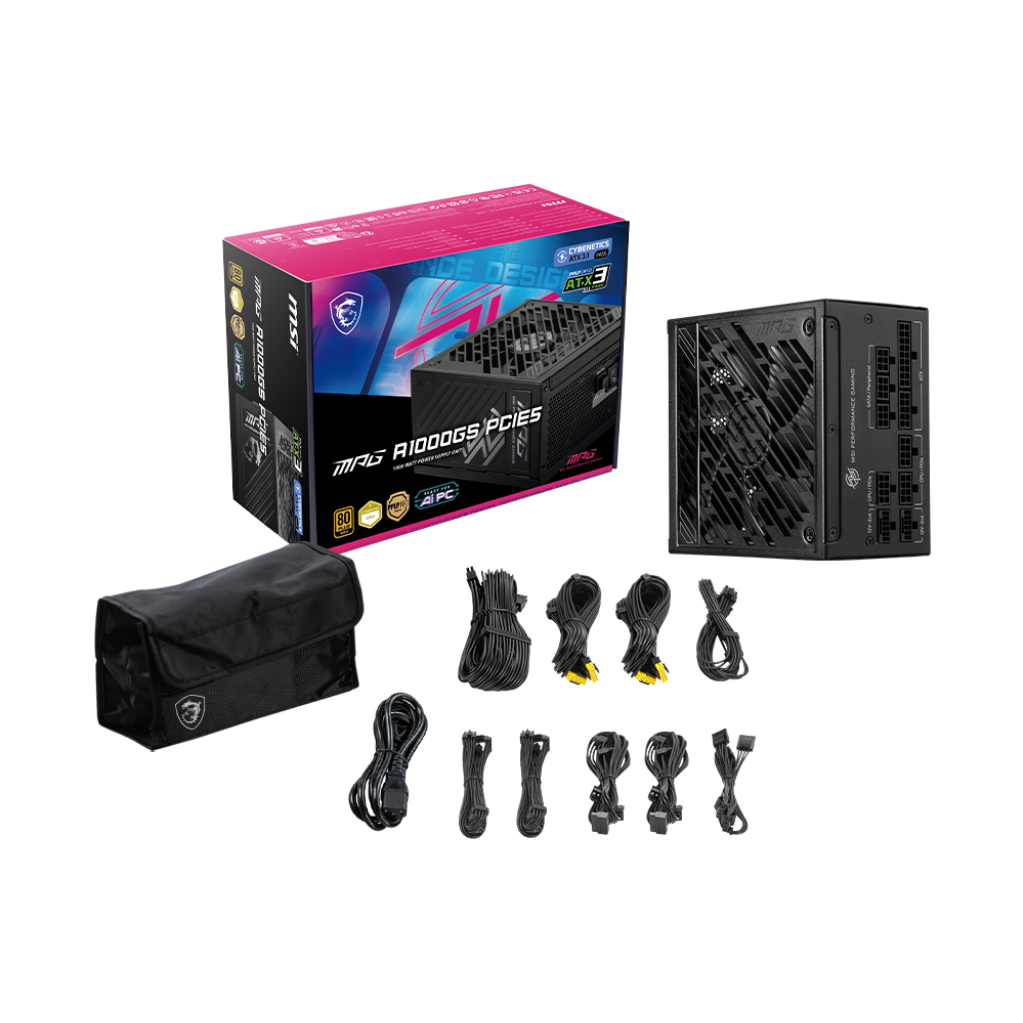 A large main feature product image of MSI MPG A1000GS - 1000W Gold PCIe 5.0 ATX Modular PSU