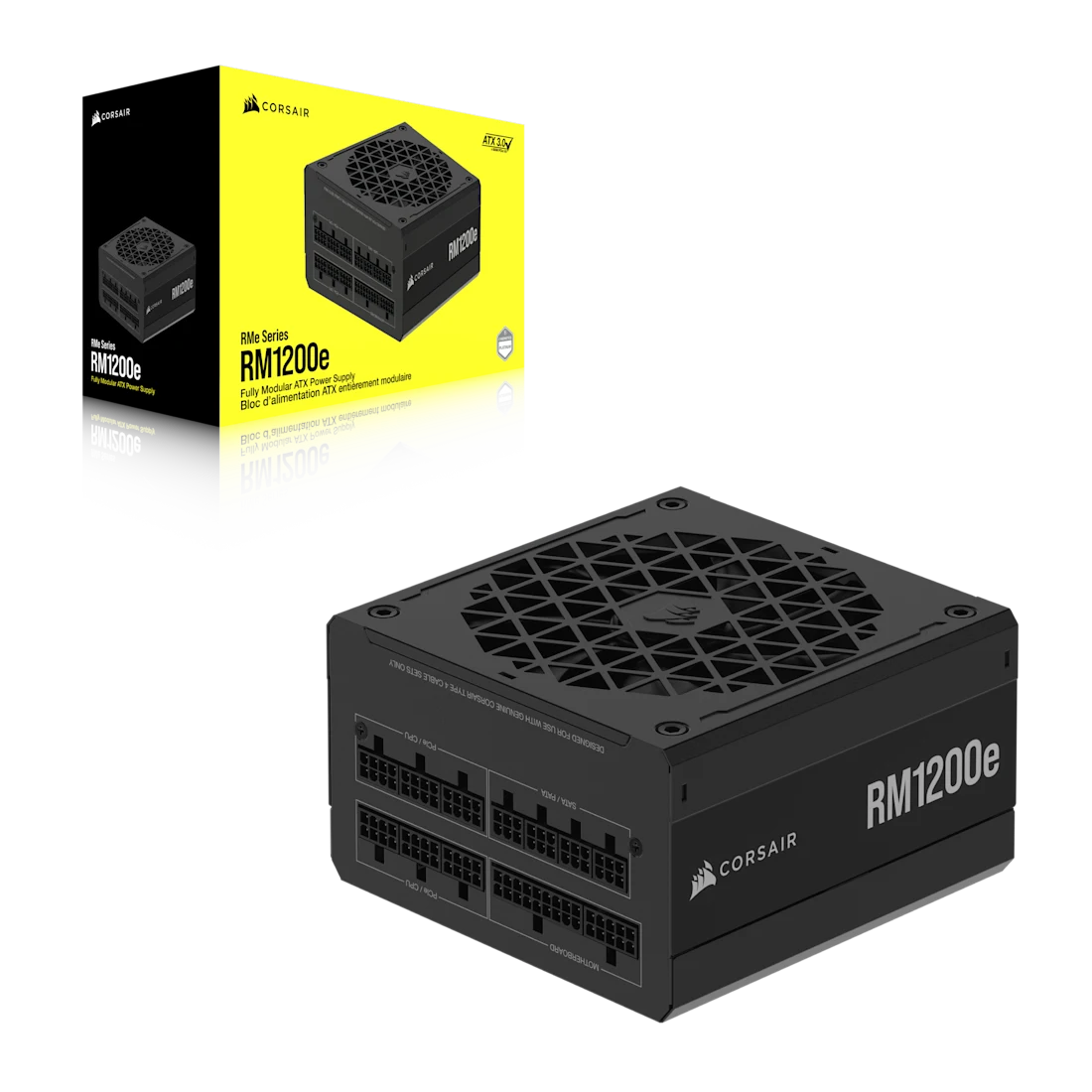 A large main feature product image of Corsair RM1200e - 1200W Gold ATX 3.1 Modular PSU