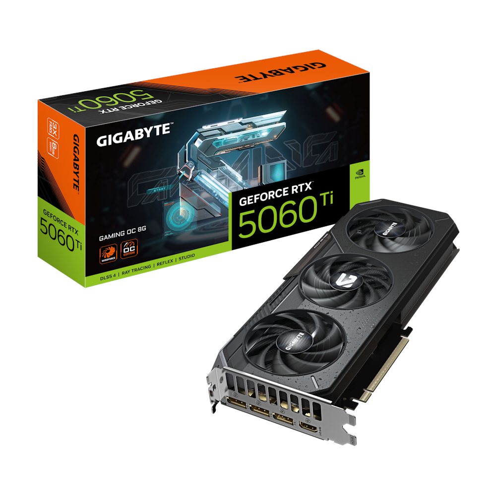 A large main feature product image of Gigabyte GeForce RTX 5060 Ti Gaming OC 8GB GDDR7
