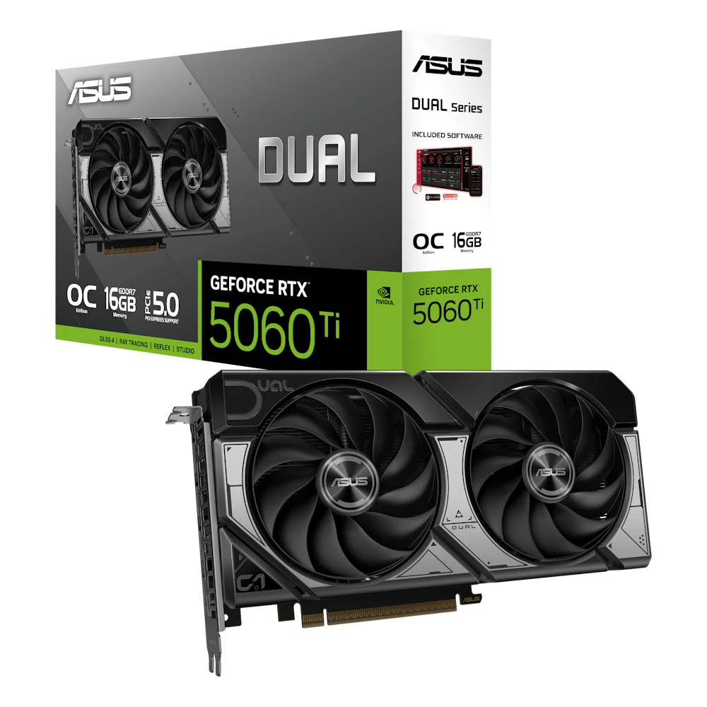 A large main feature product image of ASUS GeForce RTX 5060 Ti Dual OC 16GB GDDR7