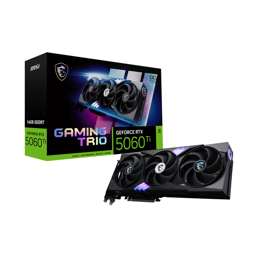 A large main feature product image of MSI GeForce RTX 5060 Ti 16GB GDDR7 GAMING TRIO OC