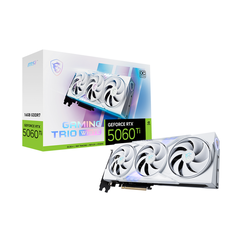 A large main feature product image of MSI GeForce RTX 5060 Ti 16GB GDDR7 GAMING TRIO OC (White)