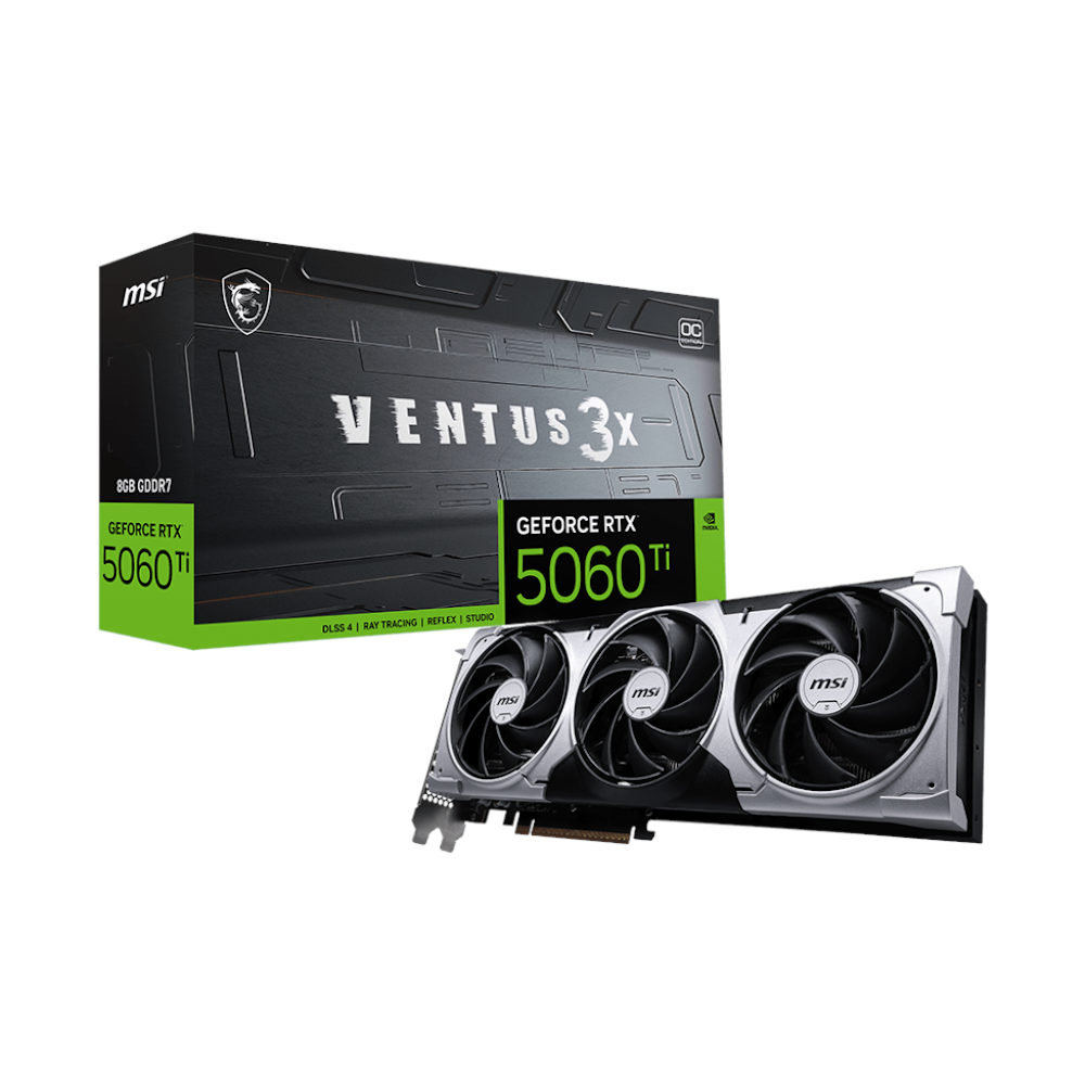 A large main feature product image of MSI GeForce RTX 5060 Ti Ventus 3X OC 8GB GDDR7