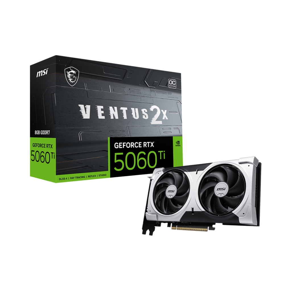 A large main feature product image of MSI GeForce RTX 5060 Ti Ventus 2X OC Plus 8GB GDDR7