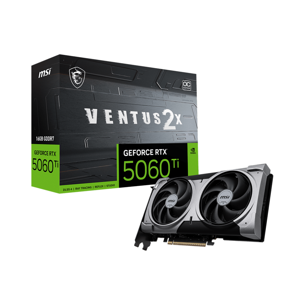 A large main feature product image of MSI GeForce RTX 5060 Ti Ventus 2X OC PLUS 16GB GDDR7