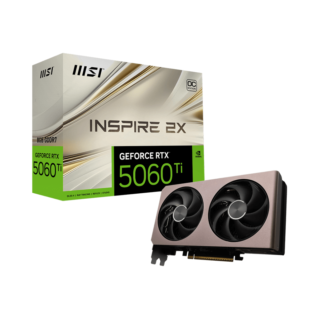 A large main feature product image of MSI GeForce RTX 5060 Ti Inspire 2X OC 8GB GDDR7