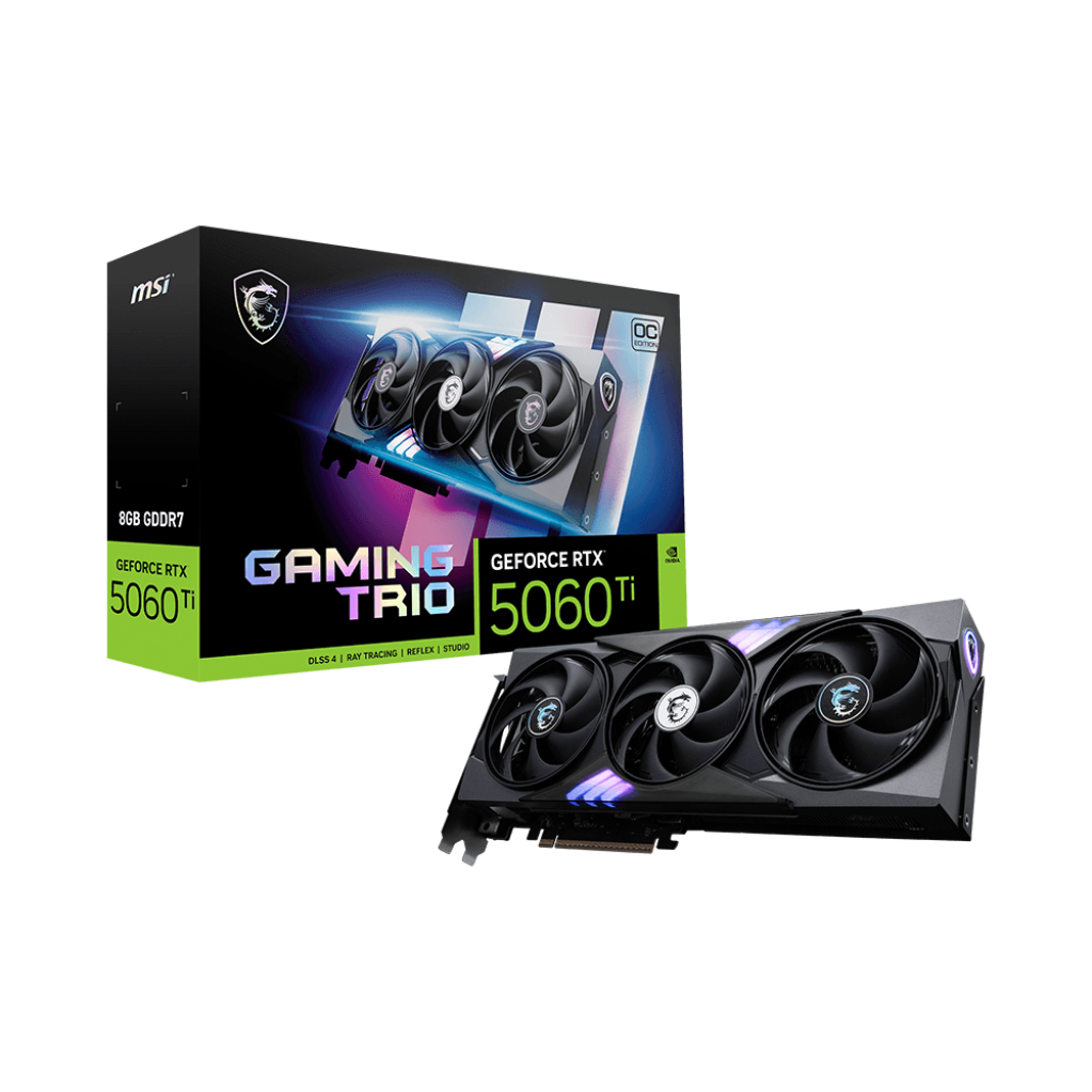 A large main feature product image of MSI GeForce RTX 5060 Ti Gaming Trio OC 8GB GDDR7